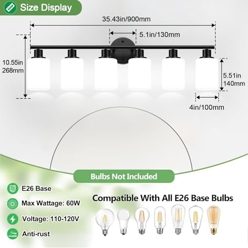 Image of Zarbitta 6-Light Bathroom Light Fixtures, Black Modern Vanity Lights with Milky White Frosted Glass Shades, Bathroom Wall Lamp, for Mirror, Living Room, Kitchen, Hallway, Cabinet, Porch
