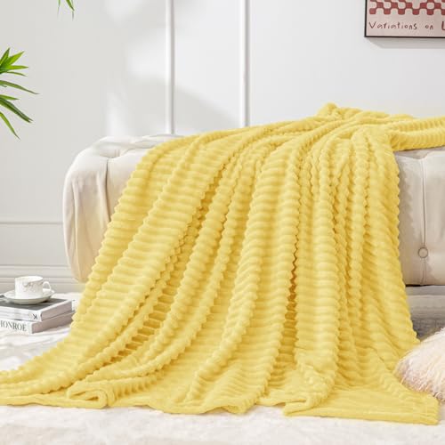 Image of BEDELITE Fleece Throw Blanket for Couch - 3D Ribbed Jacquard Soft and Warm Decorative Fuzzy Blanket - Cozy, Fluffy, Plush Lightweight Light Yellow Throw Blankets for Bed, Sofa, 50x60 inches