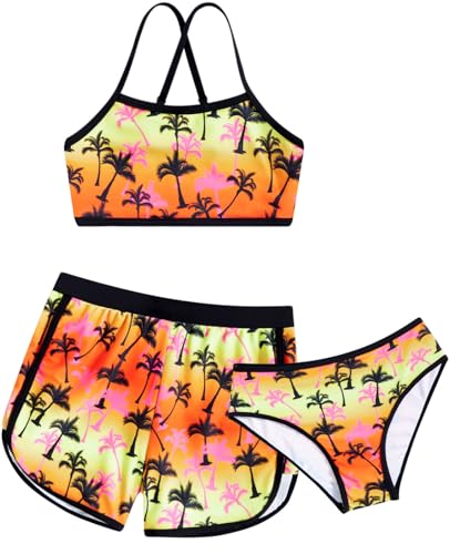 Funnycokid Girls Bathing Suits Size 12-14 Swimsuits 3 Piece Bikini Set with Shorts Hawaii Size 13 Size 14 Kids Sport Swimwear 13-14 Years