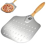 TOATELU Pala per pizza perforata, grande, 39 x 31 cm, in lega di alluminio, con manico in ...