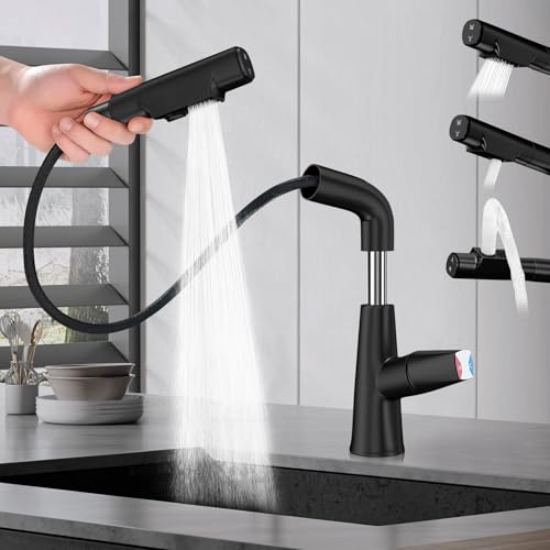 Robinet de cuisine noir avec 70cm extensible douchette et 6cm réglage en hauteur