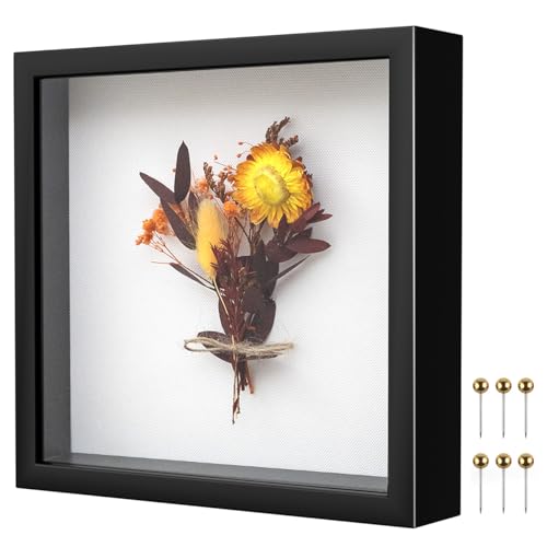 Kormuge 8x8 Shadow Box Frame | Soft Linen Back & Push Pins Included Polystyrene Glass Memory Display Case for Flowers Tickets & Cherished 3D Items Black