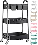 3 Tier Metal Rolling Cart with Lockable Wheels, Black Three Tiered Utility Storage Organizer Carts on Wheels for Bathroom, Kitchen, Laundry, Garage, Office, Craft, Art, Baby, Diaper Caddy, Snack, Book