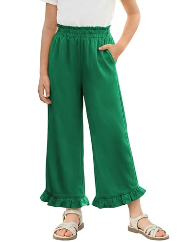 Haloumoning Girls Wide Leg Pants Kids Paperbag High Waisted Ruffle Hem Dress Pants Trousers with Pockets 5-14 Years Dark Green