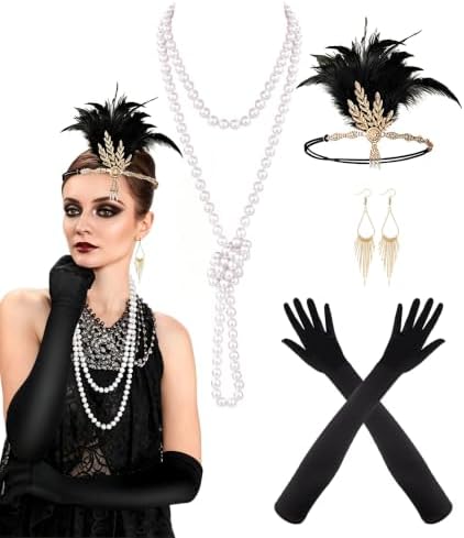 PLULON 8-Piece 1920s Flapper Great Gatsby Accessory Set Fashion Roaring 20's Theme Set with Headband, Headwear, Long Black