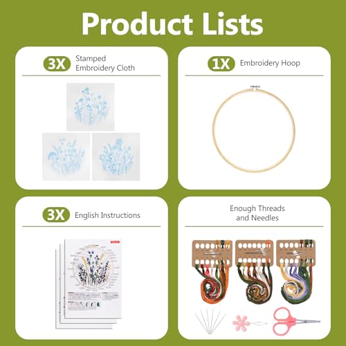 Image of Santune 3 Pack Embroidery Kit for Beginners, Needlepoint Cross Stitch Kits for Adults,Needle Point Sets with Stamped Wild Flower Pattern Stitch Video Tutorial