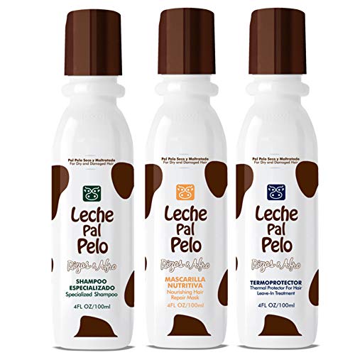Leche Pal Pelo Rizos/Afro Specialized Shampoo Nourishing Hair Repair Mask Thermalprotectant Champu Especializado Mascarilla Nutritiva Termoprotector (Set 3 Items x 3Oz)