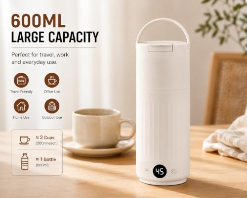 Image of Portable Electric Kettle 600ml with LCD Temperature Display | Travel Electric Water Boiler | 8 Temperature Control | Fast Boiling | Leakproof | Coffee, Tea & Milk Heating (Portable 600ml)