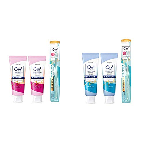 Ora2(オーラツー) 【セット買い】[医薬部外品] ミー ステインクリア 歯みがき [ピーチリーフミント] <ホワイトニング> 130g×2個 + ハブラシつき【Amazon.co.jp限定】 & (オーラツー) ミー ステインクリア 歯みがき [ナチュラルミント] <ホワイトニング> 130g×2個 + ハブラシつき 【Amazon.co.jp限定】の商品画像（Amazon）