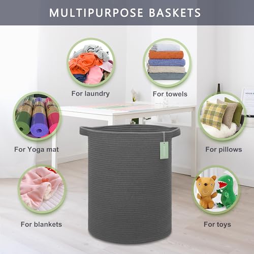 Image of Cotton Rope Blanket Basket, 72L Tall Laundry Hamper, Dark Gray