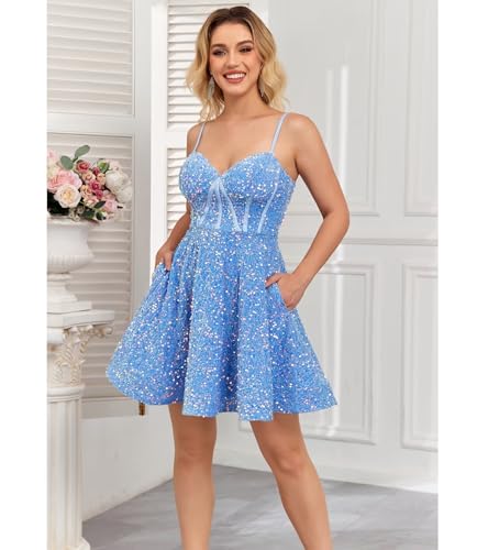 Spaghetti Straps Sequin Homecoming Dress Short Prom Dress with Pockets Evening Party Gowns2