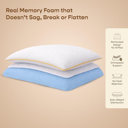 Image of SleepyCat CoolTEC Memory Foam Pillow | Full Size Ortho Support Pillow | No Sagging, Breaking or Flattening | Up to 4 Cooler | Perforated Memory Foam for Airflow | White, Set of 4 (25 x 16 Inches)