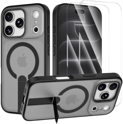 Jiaxinhong Magnetische Hülle für iPhone 18 Pro Max/17 Pro Max,Schwarz | mit 2 Displayschutzfolien|MagSafe-Kompatibel| Unsichtbarer Ständer| Stoßfest, Matt Transparent Handyhülle