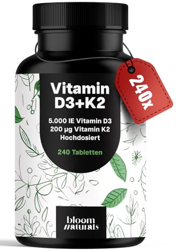 Vitamin D3 K2 hochdosiert – 240 Tabletten mit 5000 IE D3 & 200 µg K2 – 99,7+% All-Trans K2-MK7 - Vitamin D - produziert in Deutschland - Verpackung kann variieren