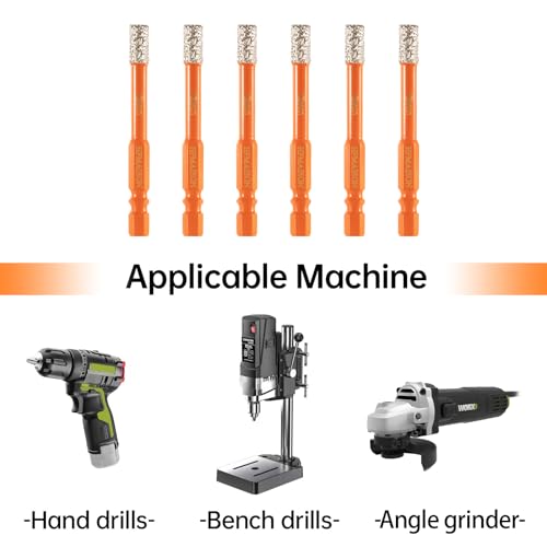 HPMAISON 6tlg. 6mm Diamantbohrer Fliesenbohrer Glasbohrer Set, 1/4 Sechskant Schaft E 6.3 Trockenbohrer Diamantbohrer für Keramik, Granit, Glas, Porzellan, Fliesen, Harte Fliesen, Feinsteinzeug