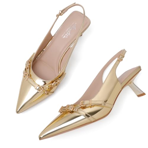 Image of Mostrin Kitten Heels for Women Pointed Toe Pumps Patent Leather Low Heel Slingback Heels with Buckle Dress Shoes for Dating Party Working