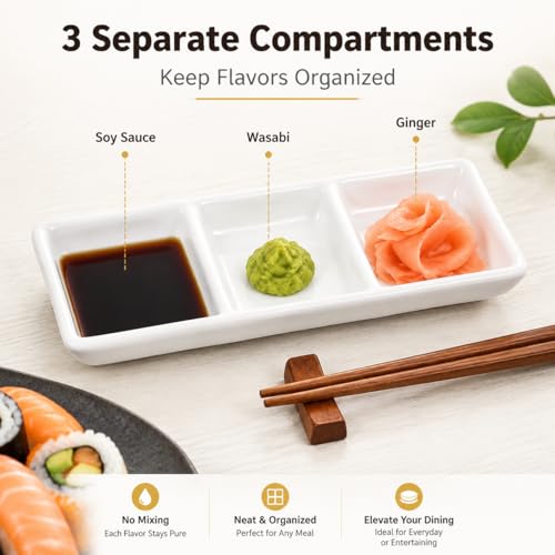 Image of Healeved 2-Pack Ceramic Appetizer Serving Tray Set 3-Compartment Rectangular Divided Sauce Dishes for Soy Sauce Dips Condiments 11.81X4.96X1.96 Inch