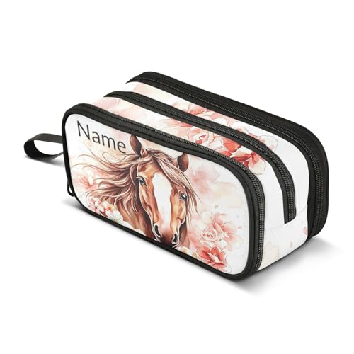 Image of Custom Brown Horse Flower Pencil Case Box Boys Girls Personalized Name Large Pencil Pouch Stationery Pen Bag Organizer for Kids Adults School Office