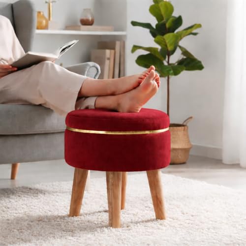 Image of Ottoman Stool for Living Room Foot Rest | Velvet Small Ottoman Foot Stool | Solid Wood Legs | Footstool Puffy for Home, Bedroom & Makeup Table | 30 x 30 cm (12 x 12 Inch) | Maroon