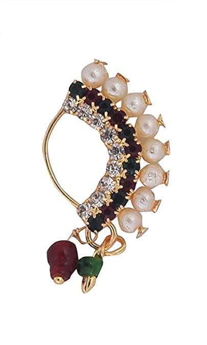 Gargish Traditional Maharashtrian Style Gold Plated Moti Nosepin, Nath, Without Piercing Marathi Nose Pin For Women and girls (Red & Green Shade) (B0B3RLT84P) Amazon Price History, Amazon Price Tracker
