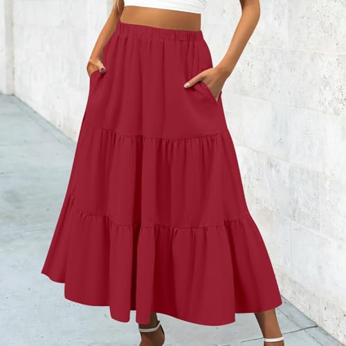 Summer Maxi Skirt for Women Boho Lightweight Flowy Tiered Long Beach Skirts with Pockets, Red, Large2