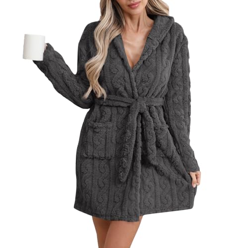 Robes for Women Fluffy Fuzzy Short Robe Waist Tie Fuzzy Bathrobe with Pockets Plush Fleece Cozy Warm Bathrobe Black