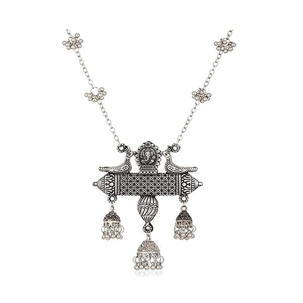 Shining Diva Fashion Latest Oxidised German Silver Afghani Long Chain Pendant Earrings Necklace Jewellery Set for Women (Silver) (12013s) - Image 5