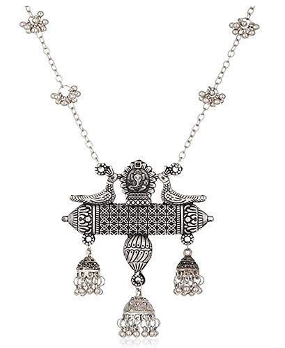 Oxidised Long Chain Pendant Earrings Set