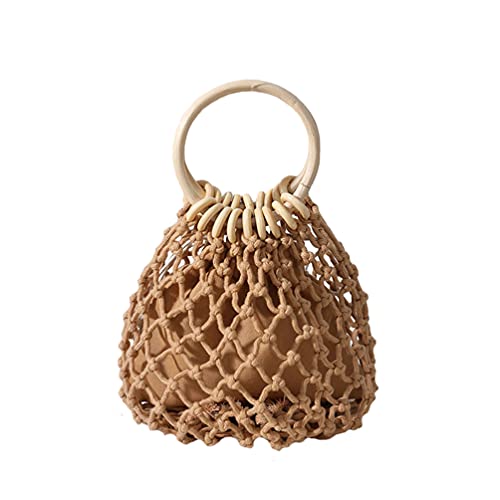 Bolso de mano tejido para mujer TONWHAR, elegante bolsa tote pequeña con asa redonda de madera para verano y playa miniatura 1
