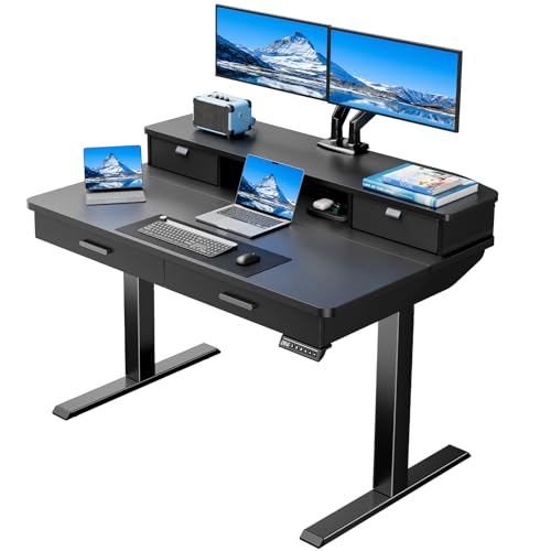 Image of HUANUO 48 x 30 inch Electric Standing Desk with Wood Drawers, Adjustable Height Sit Stand Home Office Desk with Two Tiers, Ergonomic Adjustable Stand up Desk C-Clamp Monitor Mount Compatible, Black