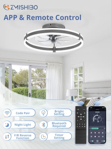 Image of ZMISHIBO Low Profile 19.7'' Ceiling Fans with Lights and Remote, Gray | 3000-6000K Dimmable LED Fandelier, Quiet DC Motor, Reversible Airflow, 6 Wind Speeds, Timer, Bedroom, Living Room, Kitchen