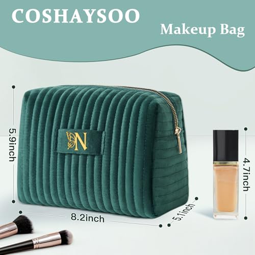 Image of COSHAYSOO Travel Makeup Bag Quilted Make Up Pouch Initial Cosmetic Case with Butterfly Decorations for Women Birthday Easter Mothers Christmas Valentines Graduation Appreciation Gifts Green Letter N