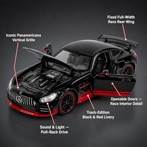 Image of Mercedes-AMG GT R 1:24 Scale Die-Cast Car Model Black - Panamericana Grille Fixed Rear Wing Sound Light Openable Doors Pull-Back Alloy Supercar Toy