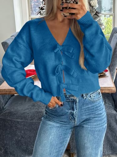 Image of Saodimallsu Womens Bow Sweater Cropped V Neck Long Sleeve Pullover Tops | Soft Cozy Knit, Two-Way Wear Design, Front & Back Bow, Cute Fall Tops 2026, Winter Fashion, Dressy Casual Holiday Outfits