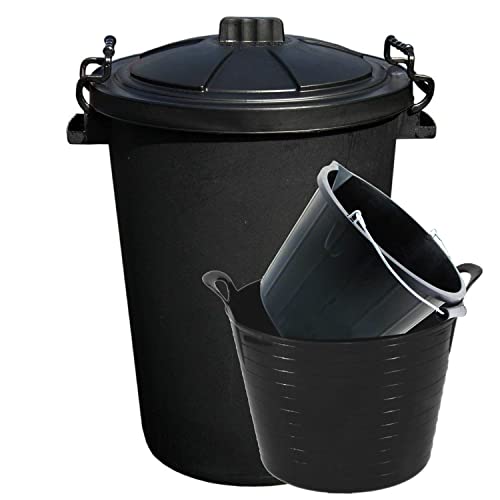(Set of 3)- Black 50L Litre Heavy Duty Clip Lock Lid Rubbish Bin, Dustbin /3 Gallon 14 Litre Plasters Builder Bucket and 20 Litre Flexible Plastic Storage Container Bucket Tub Trugs Horse Feeder