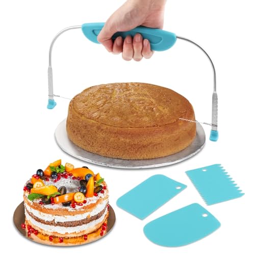Adjustable Cake Leveler Cutter With 3PCS Cake Scrapers Set Baking Supplies Tool for Kitchen Large Size Cake-Cutter Slicer for Leveling Single Stainless Steel Wire & Plastic Handle(COLOR:Blue)