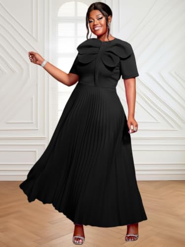 Image of AOMEI Casual Church Dresses for Women 2026 Summer Pleated Short Sleeve Round Neck Dragonfly Spring Maxi Dress