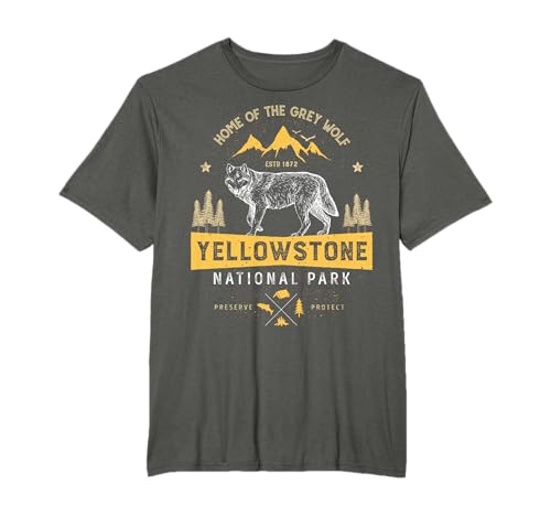 Yellowstone US National Park Wolf Vintage T Shirt. Ottimo regalo di abbigliamento per le persone che amano il campeggio all'aperto, camper, escursionisti, escursioni, viaggi su strada, viaggi in famiglia, viaggi estivi. La maglietta perfetta da indossare con lo zaino in spalla attraverso la foresta o la montagna.