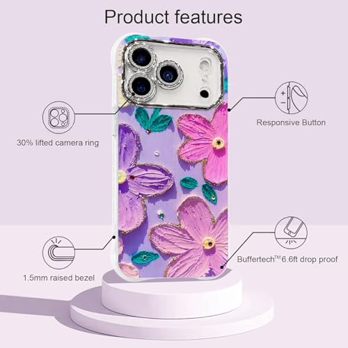 Image of Elzzi Compatible with iPhone 17 Pro Case Oil Painting Flower Colorful with Lens Prtotection Shockproof PC+TPU Glossy Back Cover for Girls Women, Pink Purple