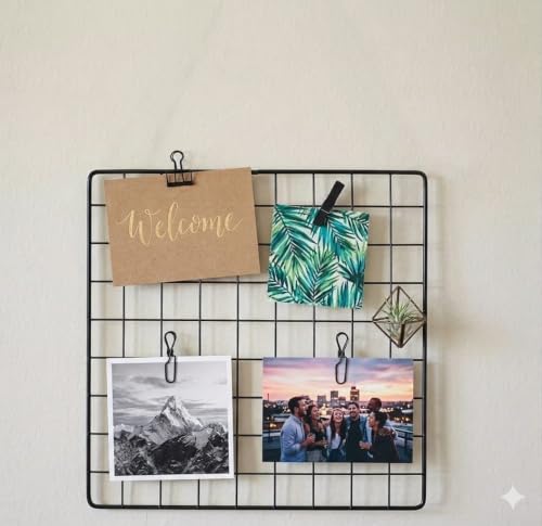 Image of Metal Wire Grid Photo Display Frame for Wall, 30 x 30 cm Iron Mesh Memo Board | Wall Hanging Picture Organizer | Photo, Postcard, Note & Artwork Display Grid for Bedroom, Office & Home Decor (Black)