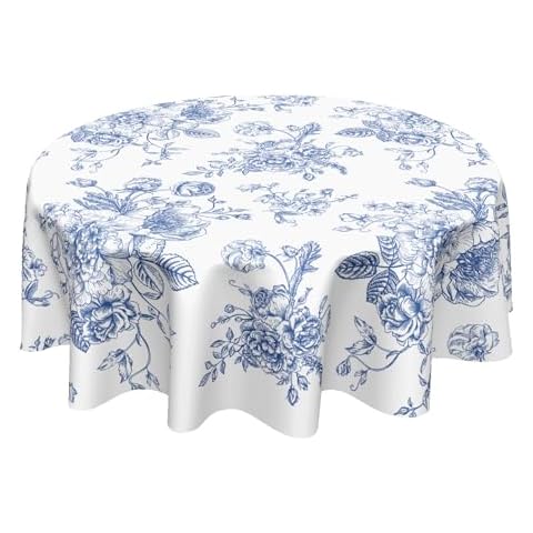 Kawani Blue White Floral Round Tablecloth 60 Inch Vintage Flower Table Cloth Elegant Rustic Polyester Table Cover Decorative for Indoor Outdoor Kitchen Dining Party Cover