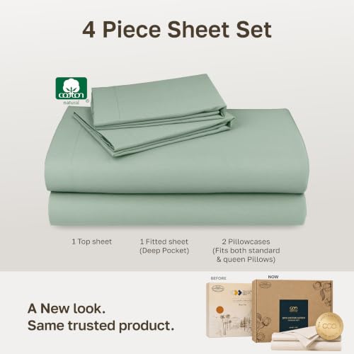 Image of Soft Natural 100% Cotton Sateen Queen Bed Sheets, 4 Pc Set, Frosty Green