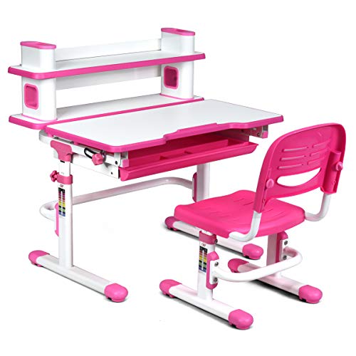 Exclusive Discount 🔥 HONEY JOY Kids Desk and Chair Set, Height Adjustable Children Writing Table with Tilting Desktop, Storage Drawer, Bookshelf and Hook, Interactive Workstation for Kids Study (Pink)