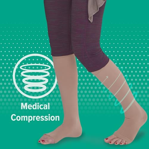 Image of Juzo Dynamic Varin 3511 Knee-High 20-30 mmHg Open Toe Compression Stocking with Silicone Top Band - Men & Women, Petite, 4 (IV), Beige