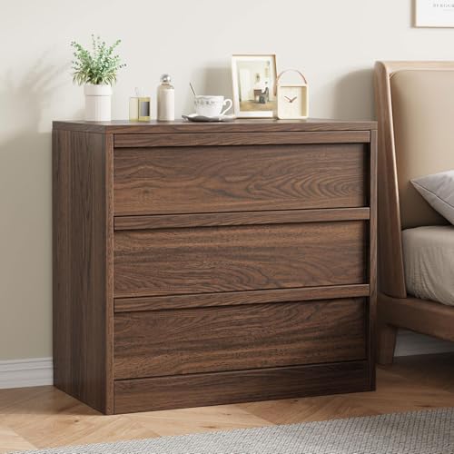 Crevyteg 3 Drawer Dresser for Bedroom Natural Oak Nightstand Stable Bedside Table with Large Storage Small Modern End Table for Living Room Nursery Entryway Walnut