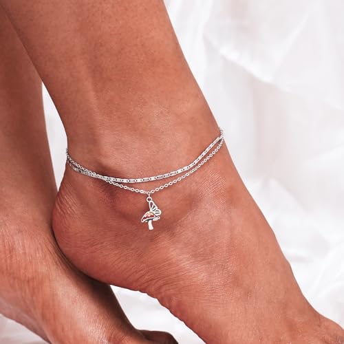 Image of CHIC & ARTSY 925 Sterling Silver Ankle Bracelets for Women, Adjustable Layered Foot Chains with Nature & Symbol Charms, Lightweight Comfort Fit Boho Beach Everyday Jewelry