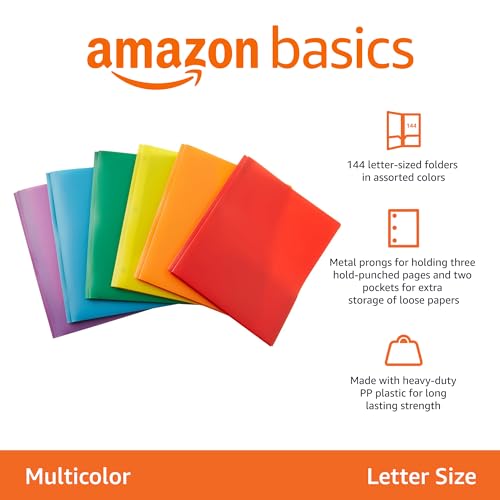Image of Amazon Basics Heavy Duty Plastic 2 Pocket Folder for Documents, Letter Size Paper, Assorted Colors, Pack of 144