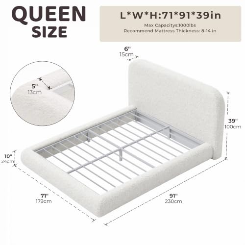 Image of RECCI Airframe Bread Queen Curved Cloud Platform Bed Frame | Fully Cushioned Foam Arched Panels and Rounded Headboard, Easy to Assembly, Cream Plush Velvet Fabric for Aesthetic Bedrooms