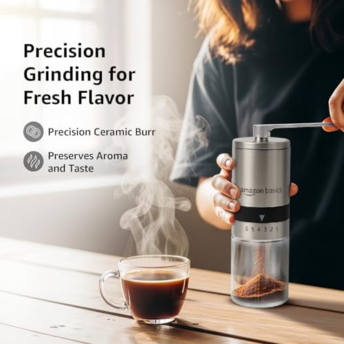 Image of Amazon Basics Manual Coffee Grinder with Ceramic Burr & 6 Adjustable Grind Settings, Glass Jar & Stainless Steel Body, Portable & Lightweight, Ideal for Espresso, French Press, Cold Brew, Silver