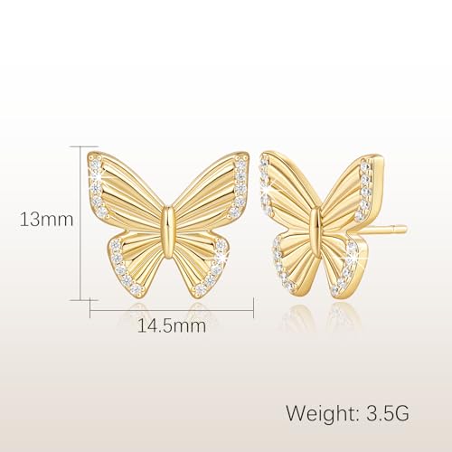 14K Gold Earrings for Women Gold Studs Earrings for Women Stud Butterfly Earring for Womens Studs Cubic Zirconia Glamorous and Delightful Surprise Butterfly Stud Earring for Womens 13mm2